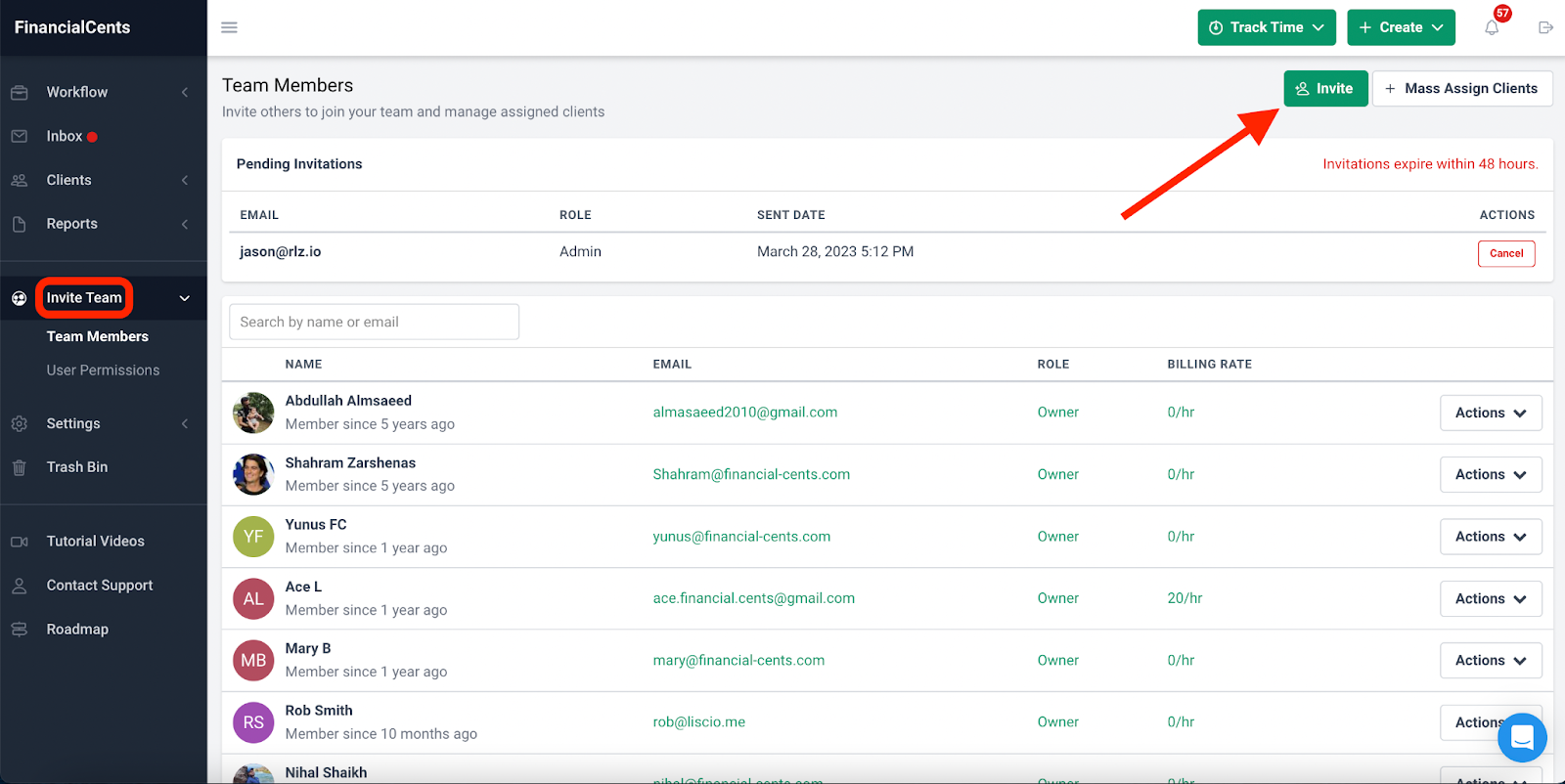invite team members to Financial Cents