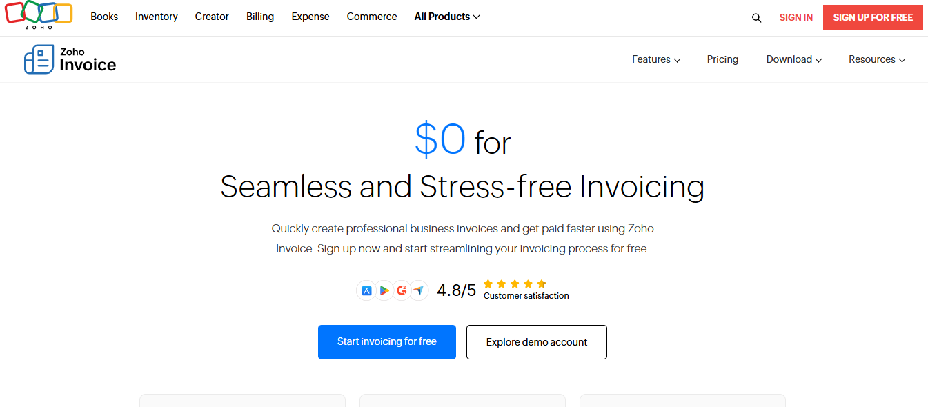 zoho invoice product page snapshot