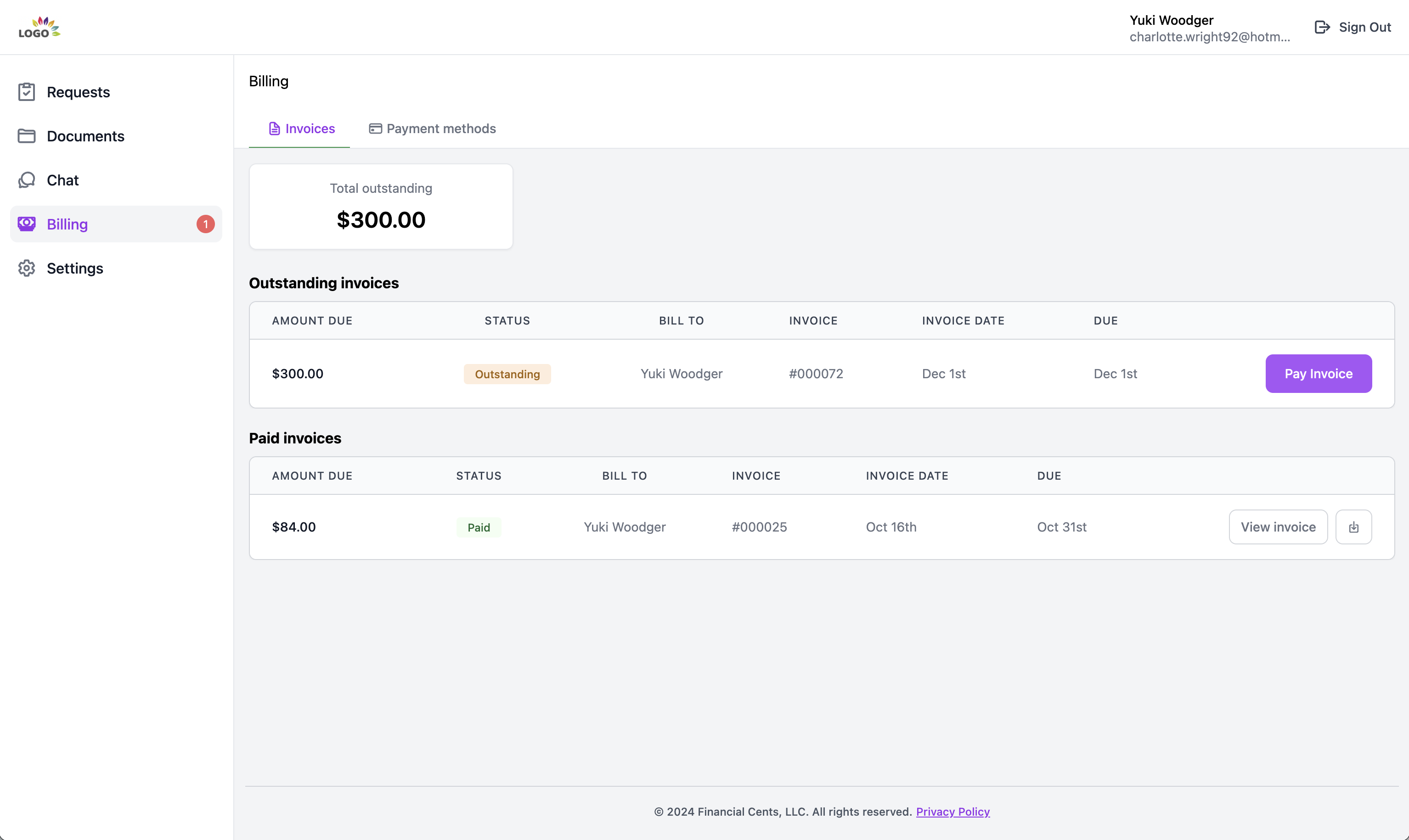 client portal with billing