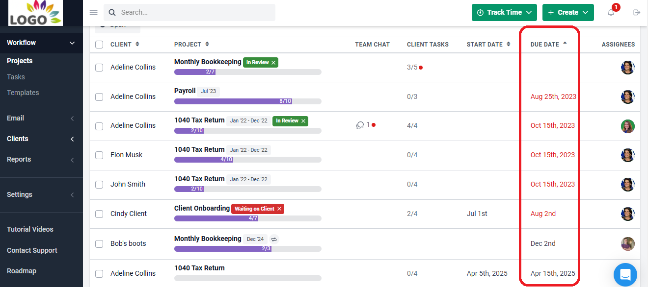 due date tracking on the workflow dashboard