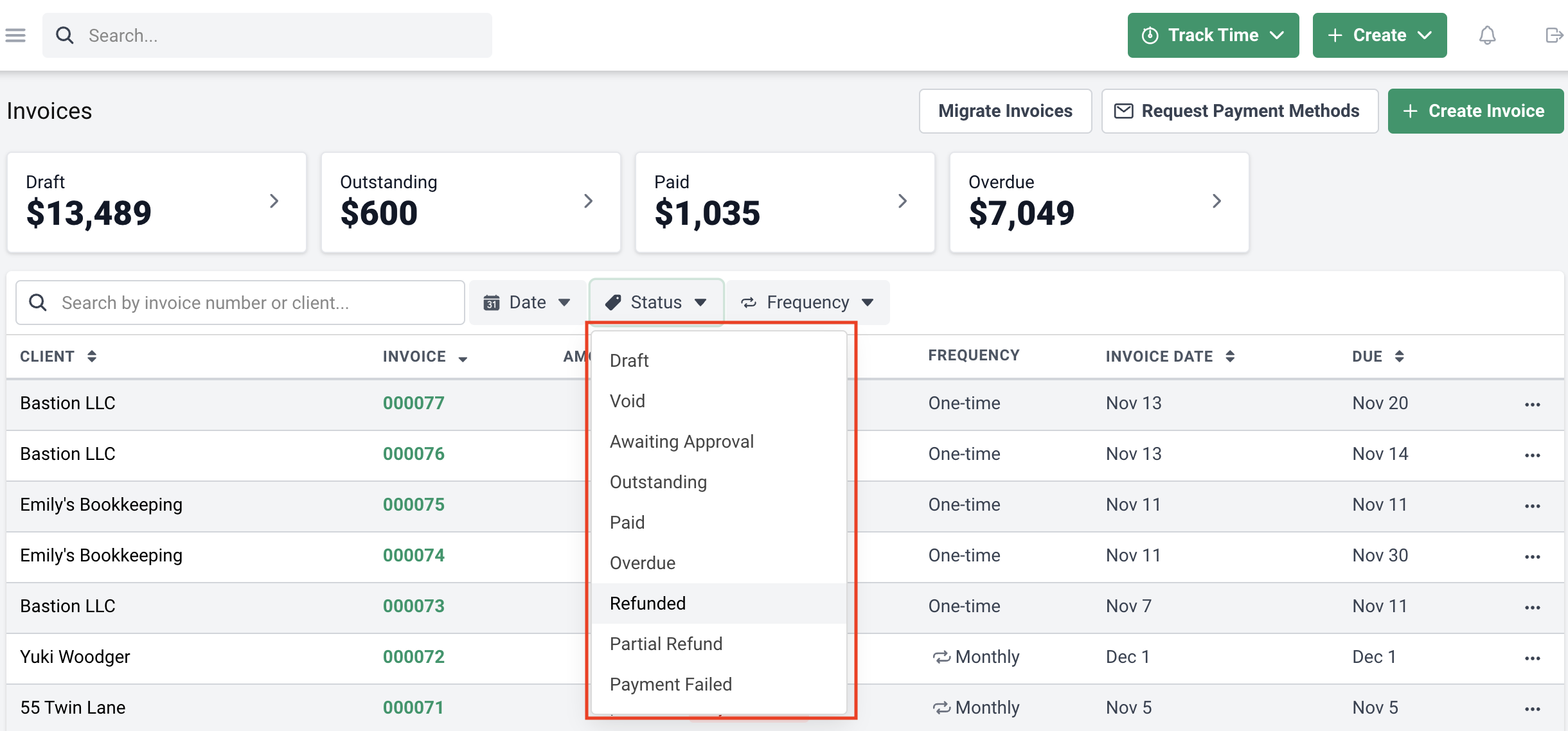 filter invoices by status