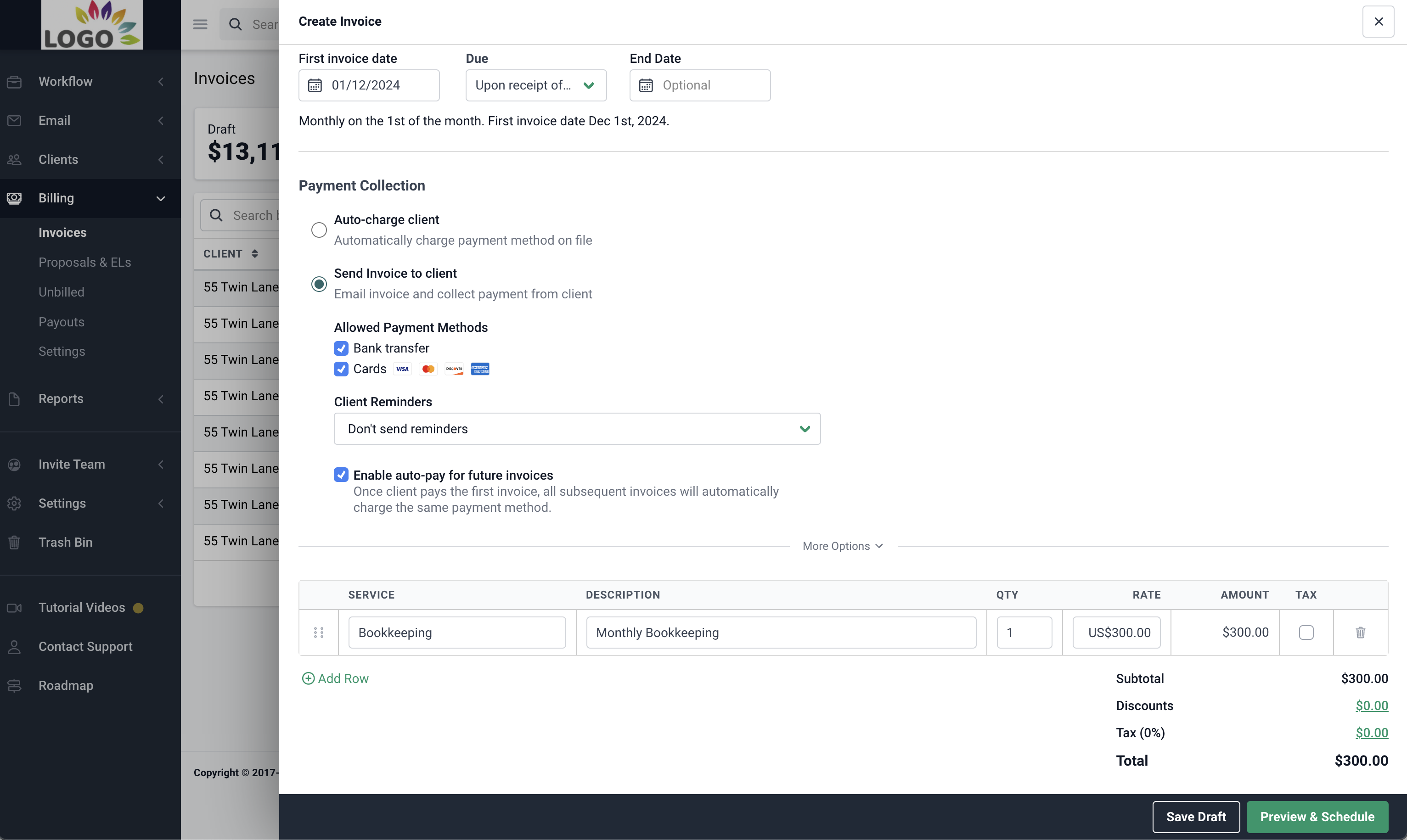 sending a bill to client through Financial Cents