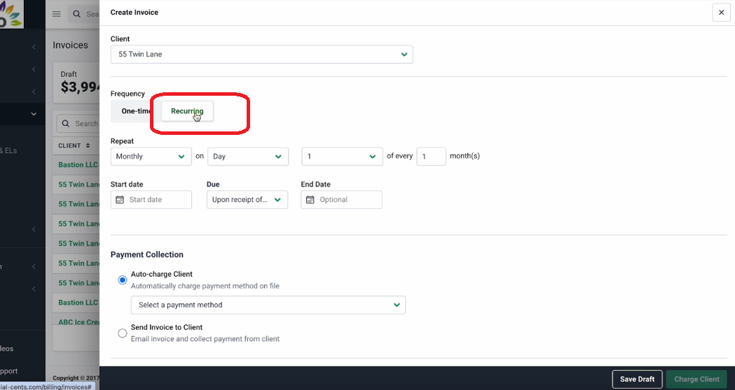 recurring payment in Financial Cents billing feature