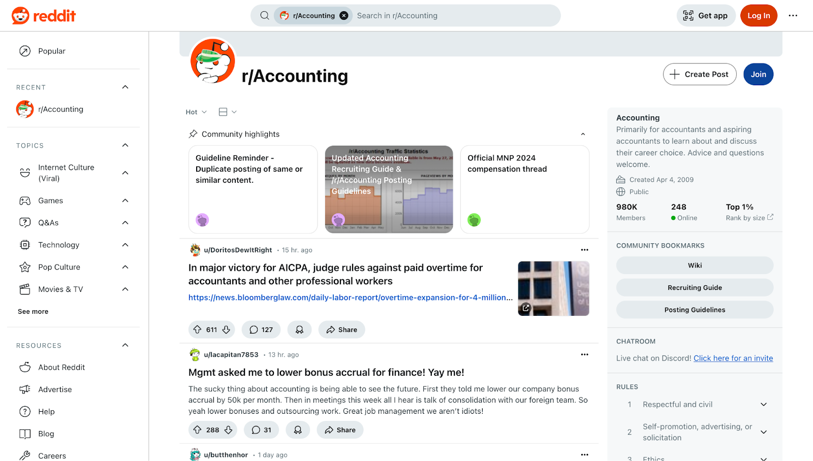 reddit r/accounting forum snapshot