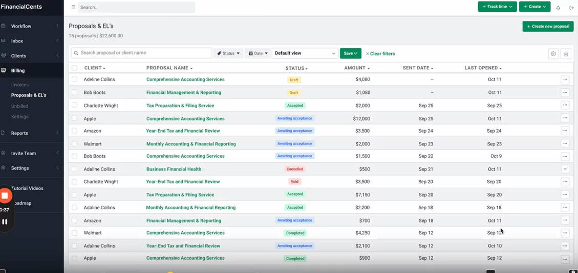 using proposals in an integrated billing software for onboarding