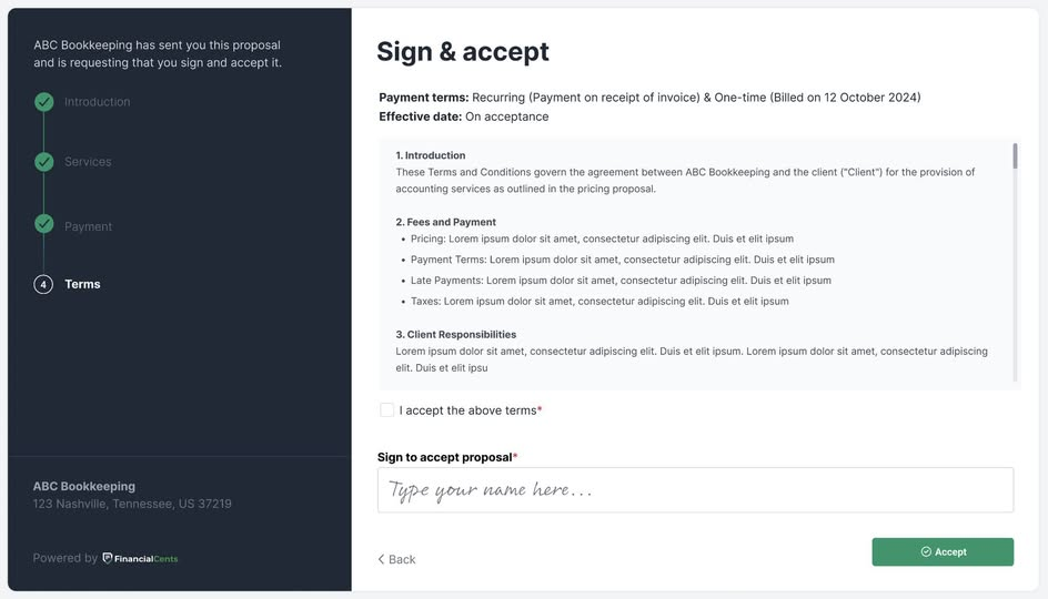 interface for clients to sign and accept a proposal or an engagement letter