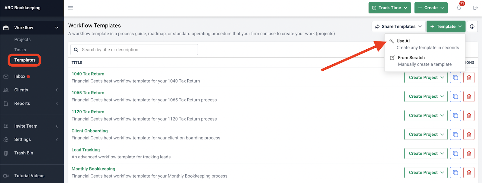 click use ai to create ai workflow templates in financial cents