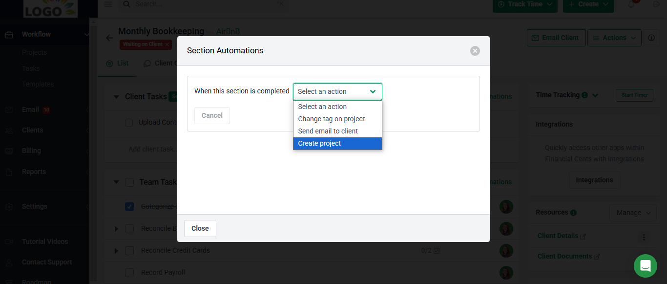 creating automation for projects in Financial Cents