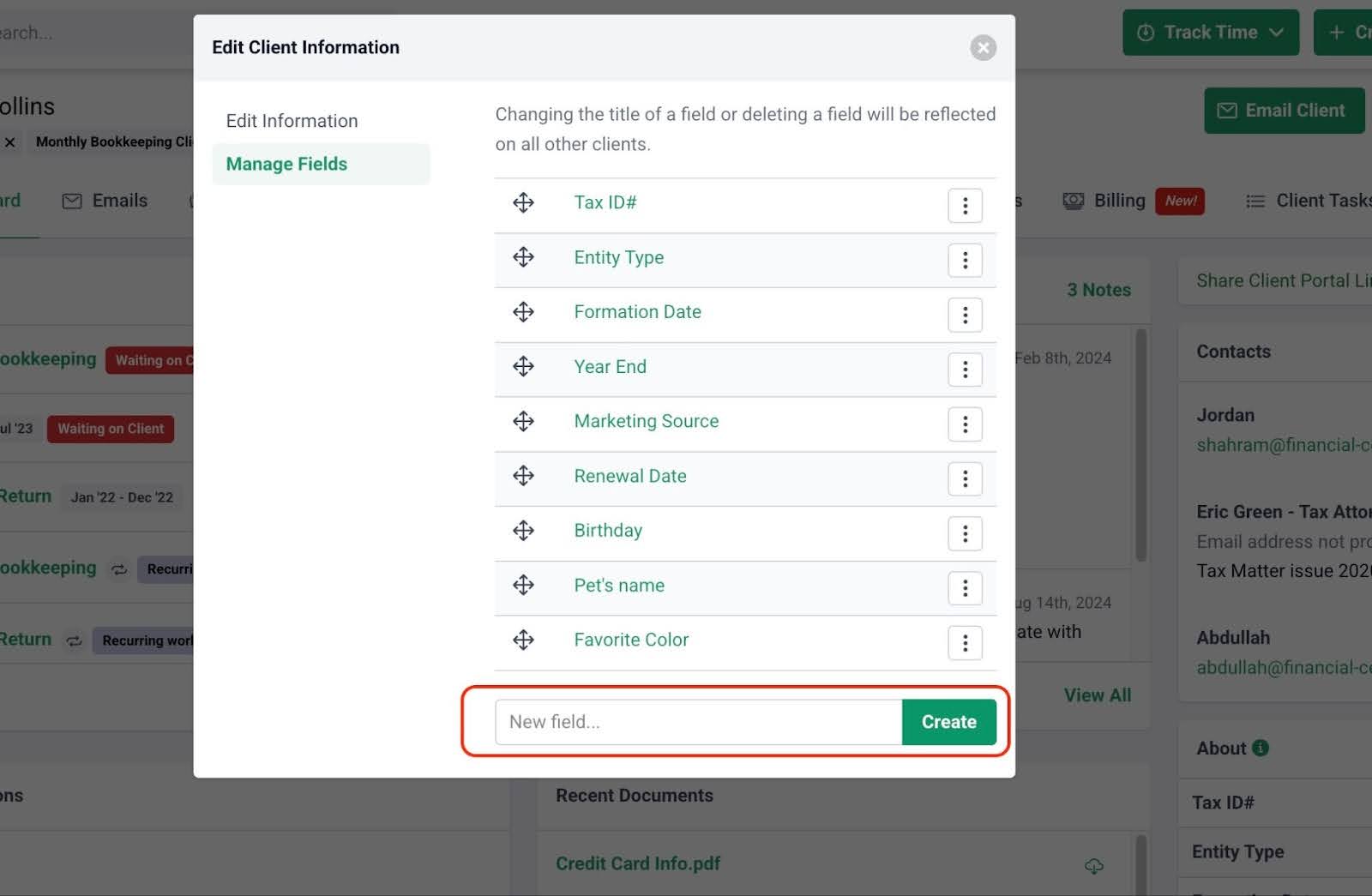adding new client information fields in Financial Cents