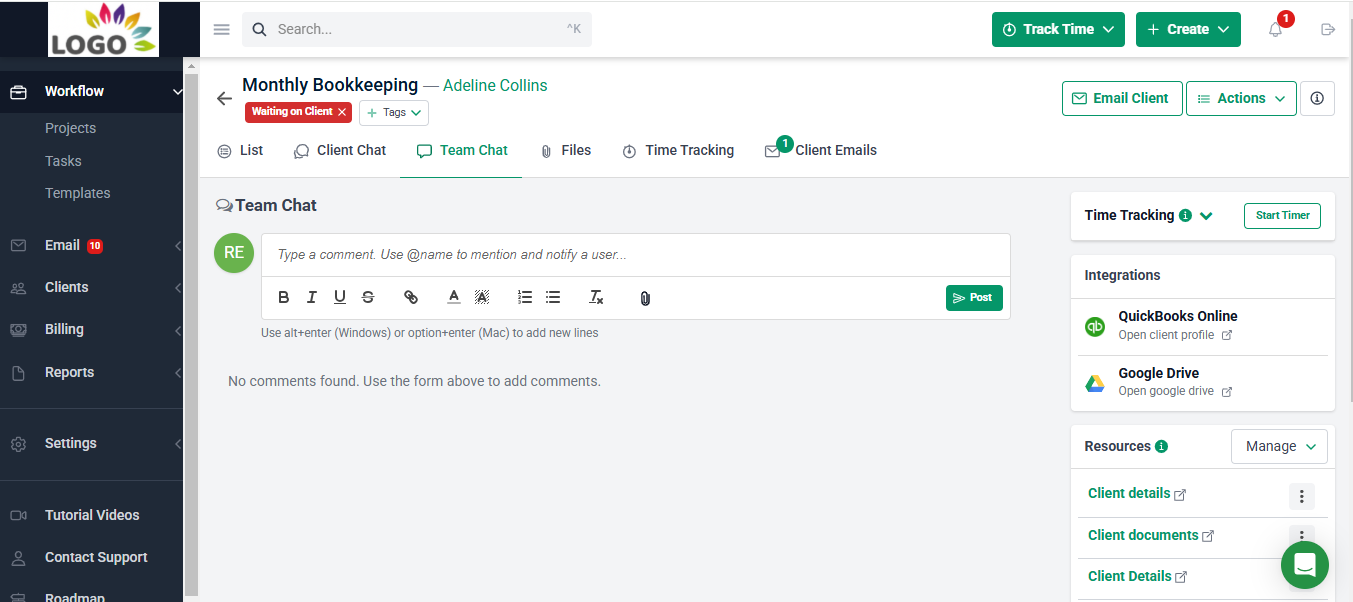 team chat collaboration in Financial Cents