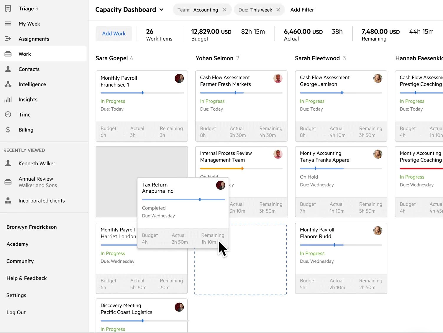 snapshot of Karbon's workflow dashboard