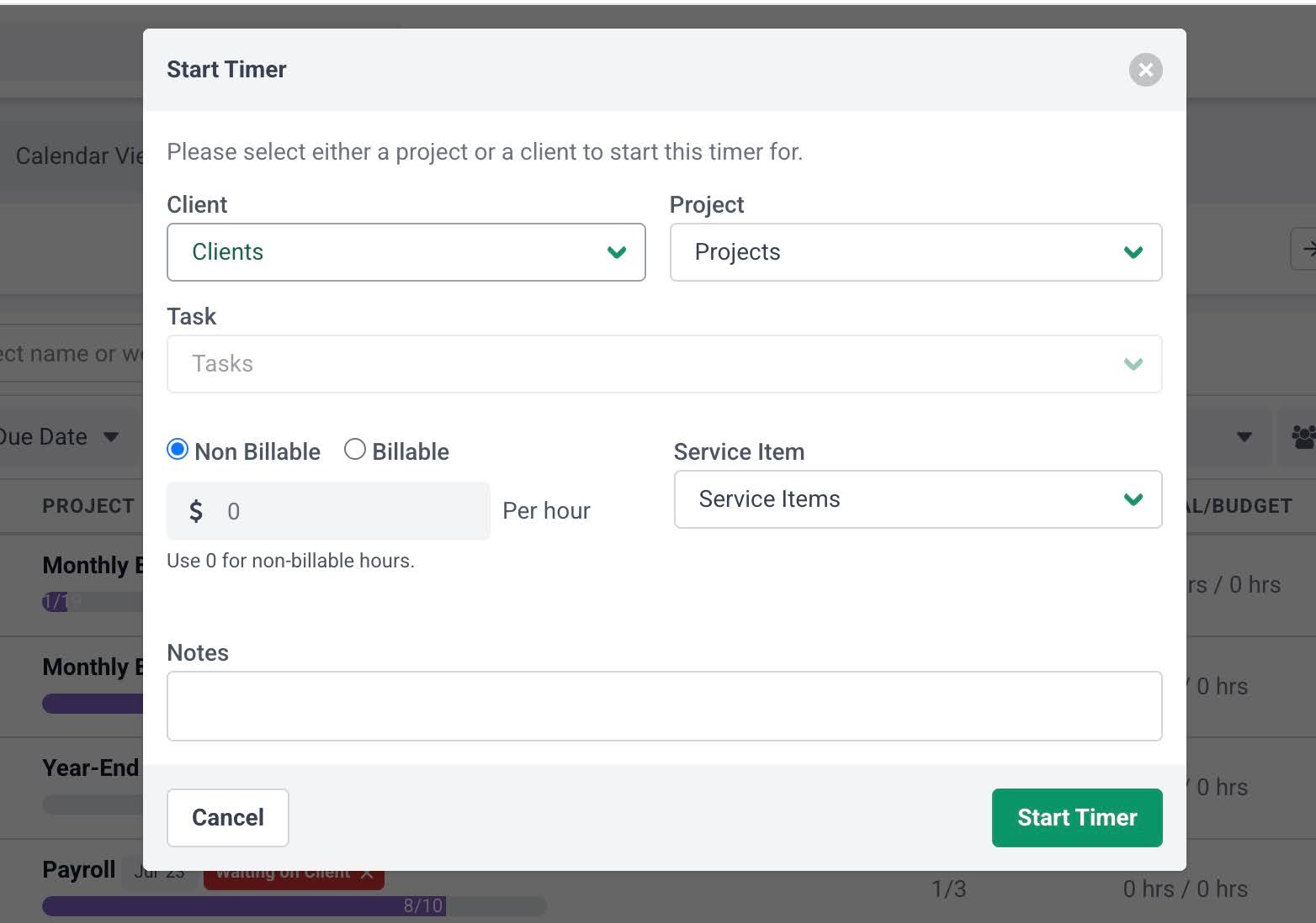 setting up time tracking for projects in Financial Cents