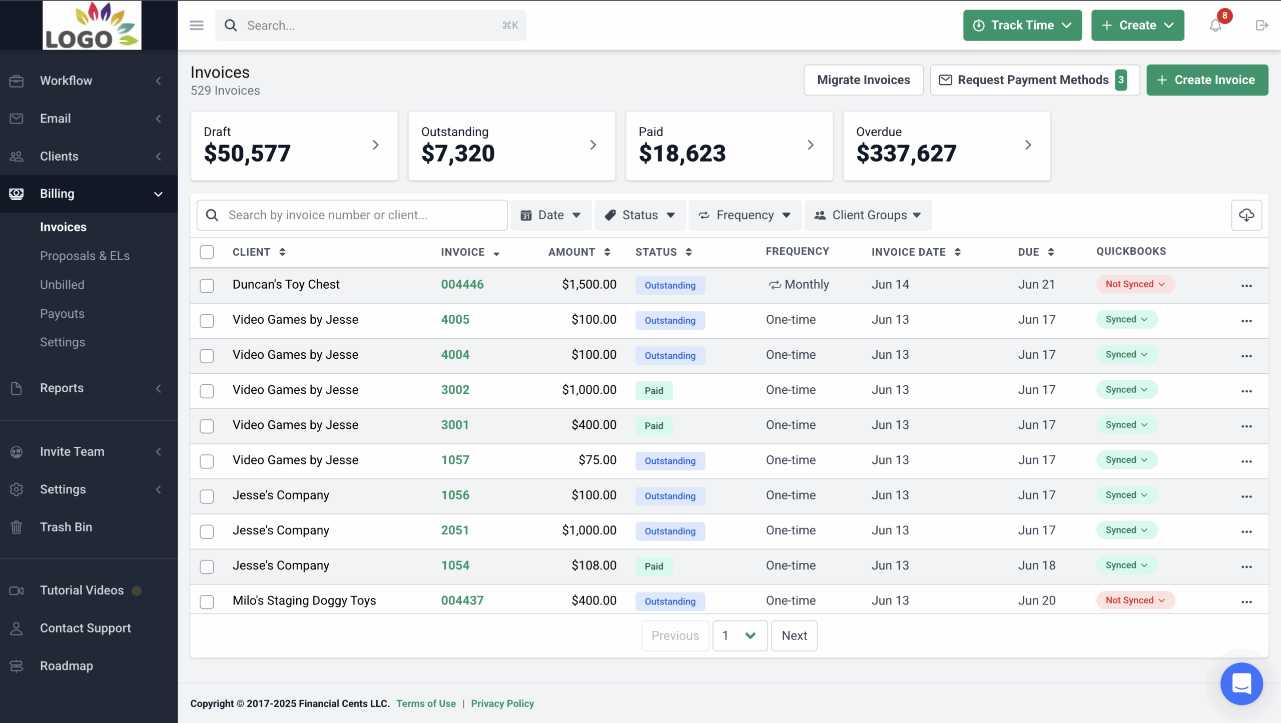 billing and payments dashboard in Financial Cents