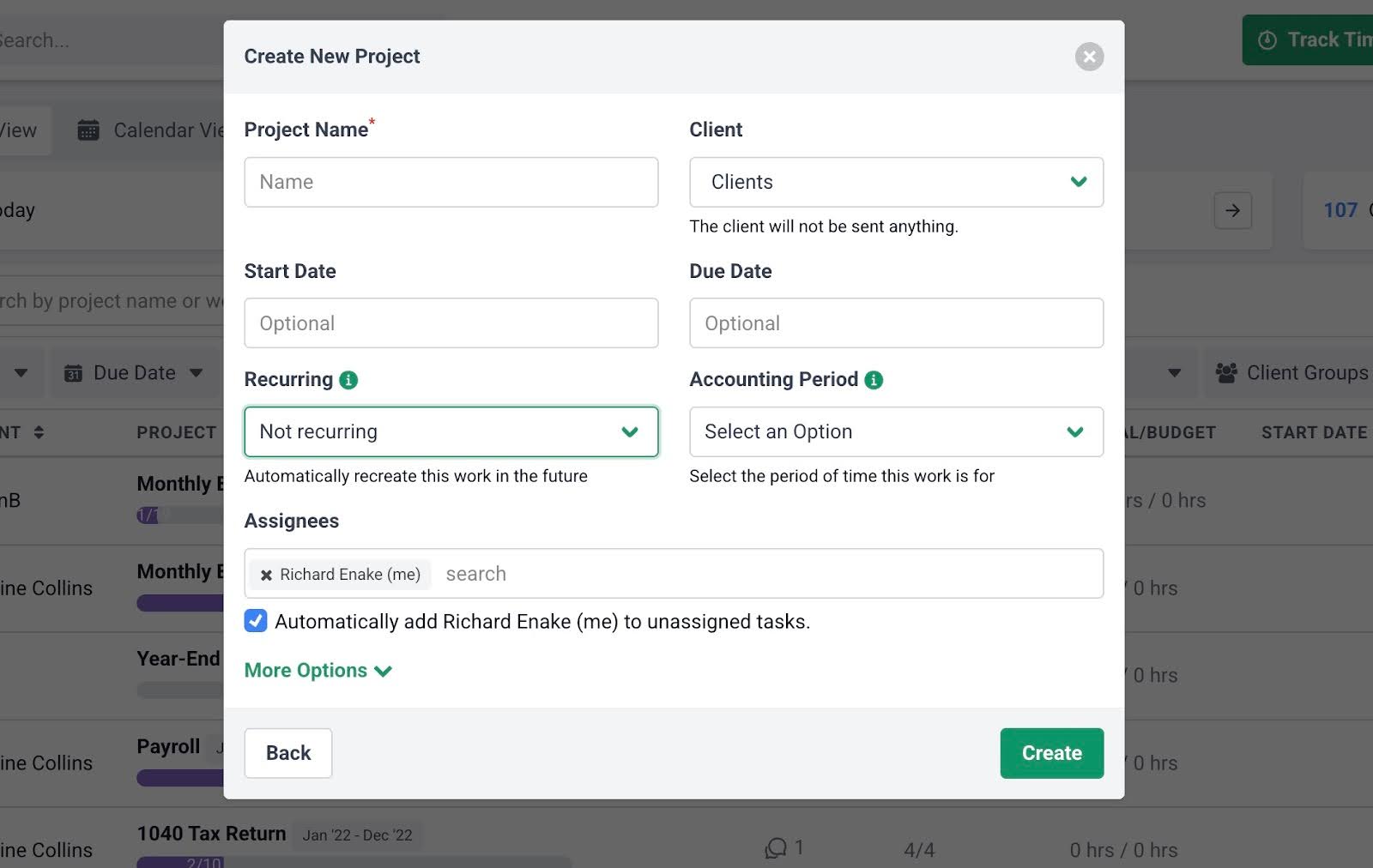 setting up work to recur in Financial Cents