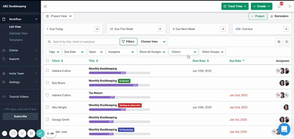 Workflow dashboard in Financial Cents