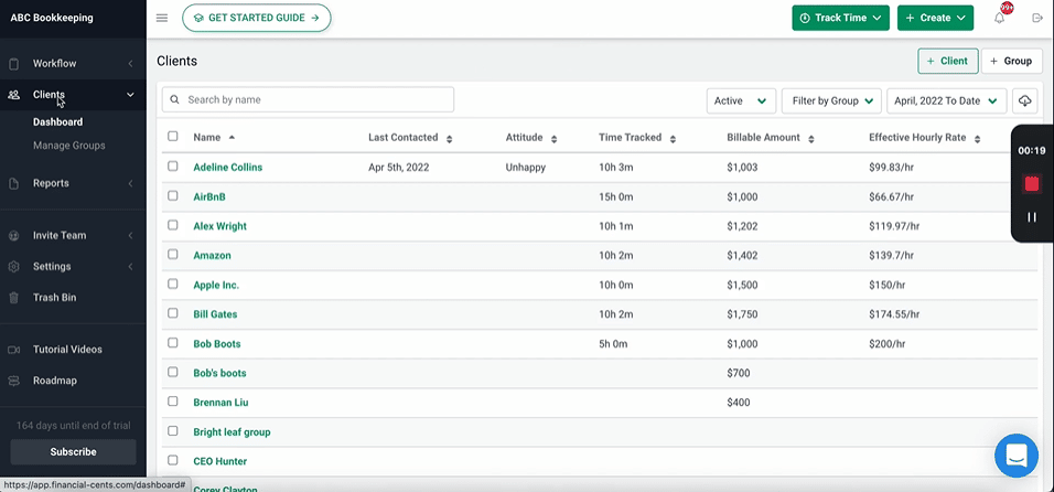 Financial cents client management dashboard