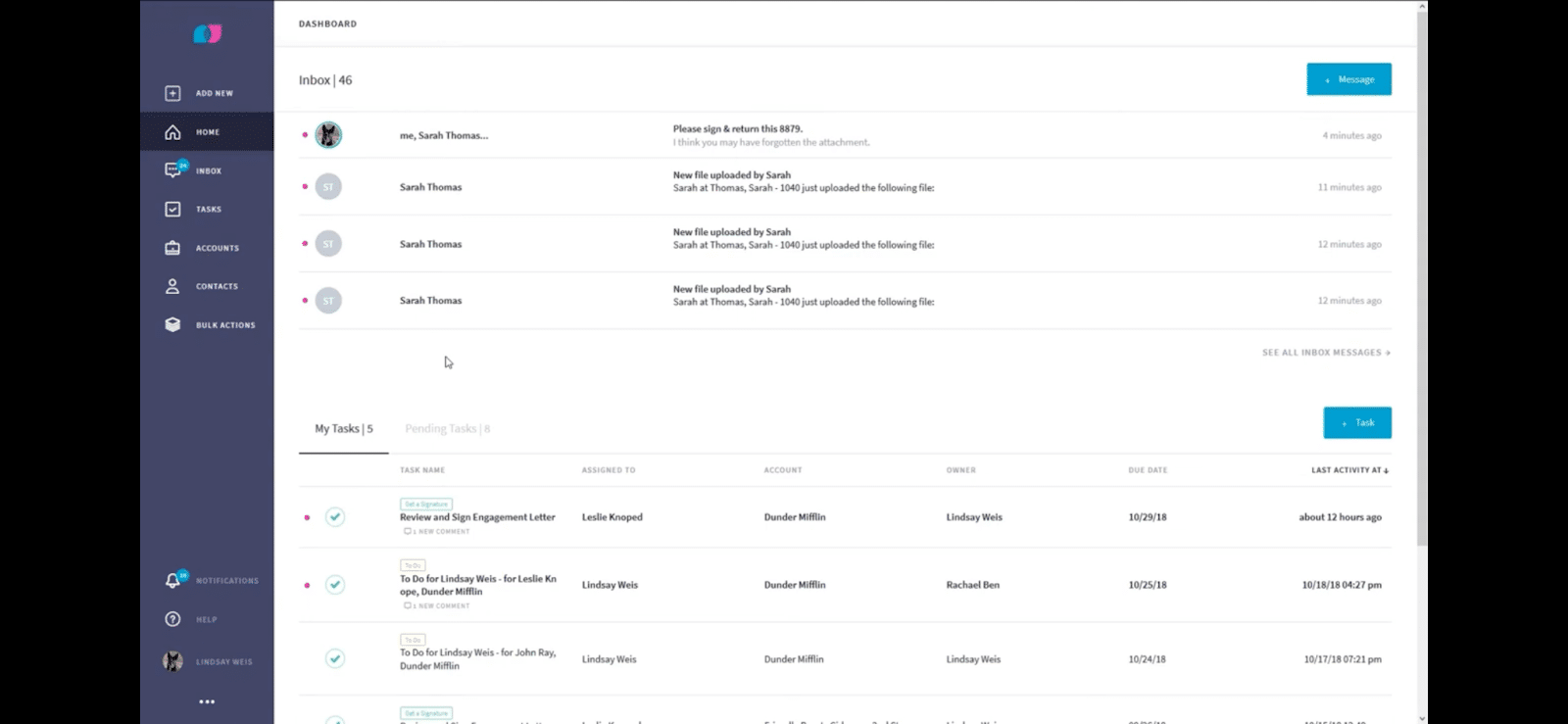 client communication dashboard on liscio