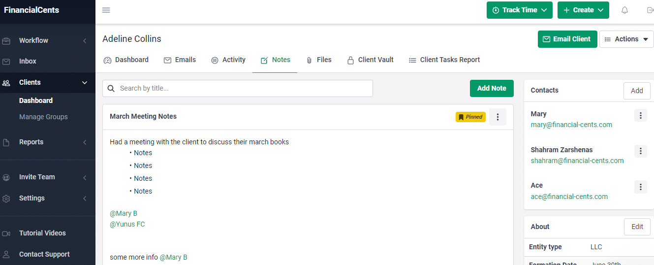 financial cents client notes feature