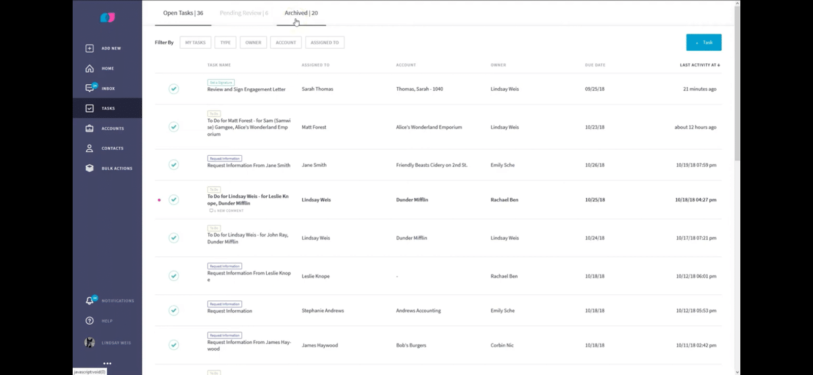 my tasks dashboard - liscio