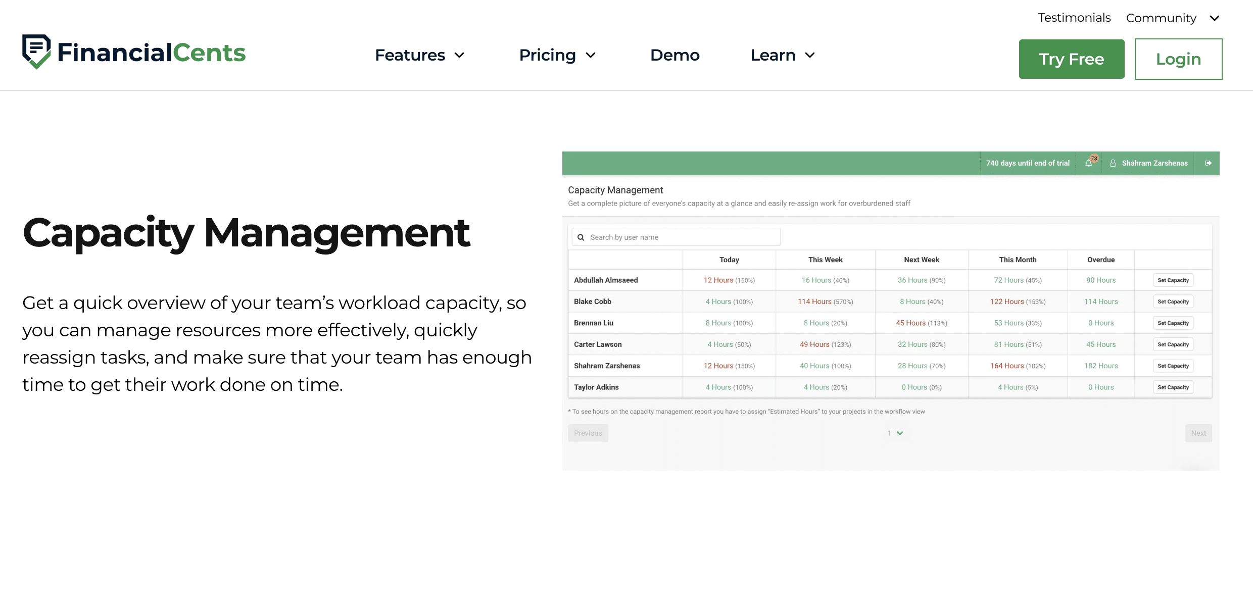 a screenshot of financial cents capacity management page