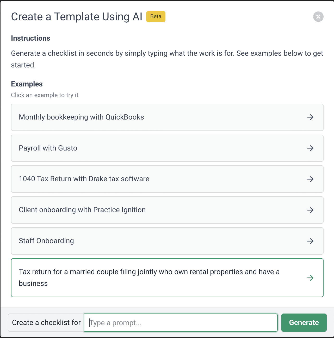a screenshot of financial cents AI accounting workflow template creation feature with ChatGPT