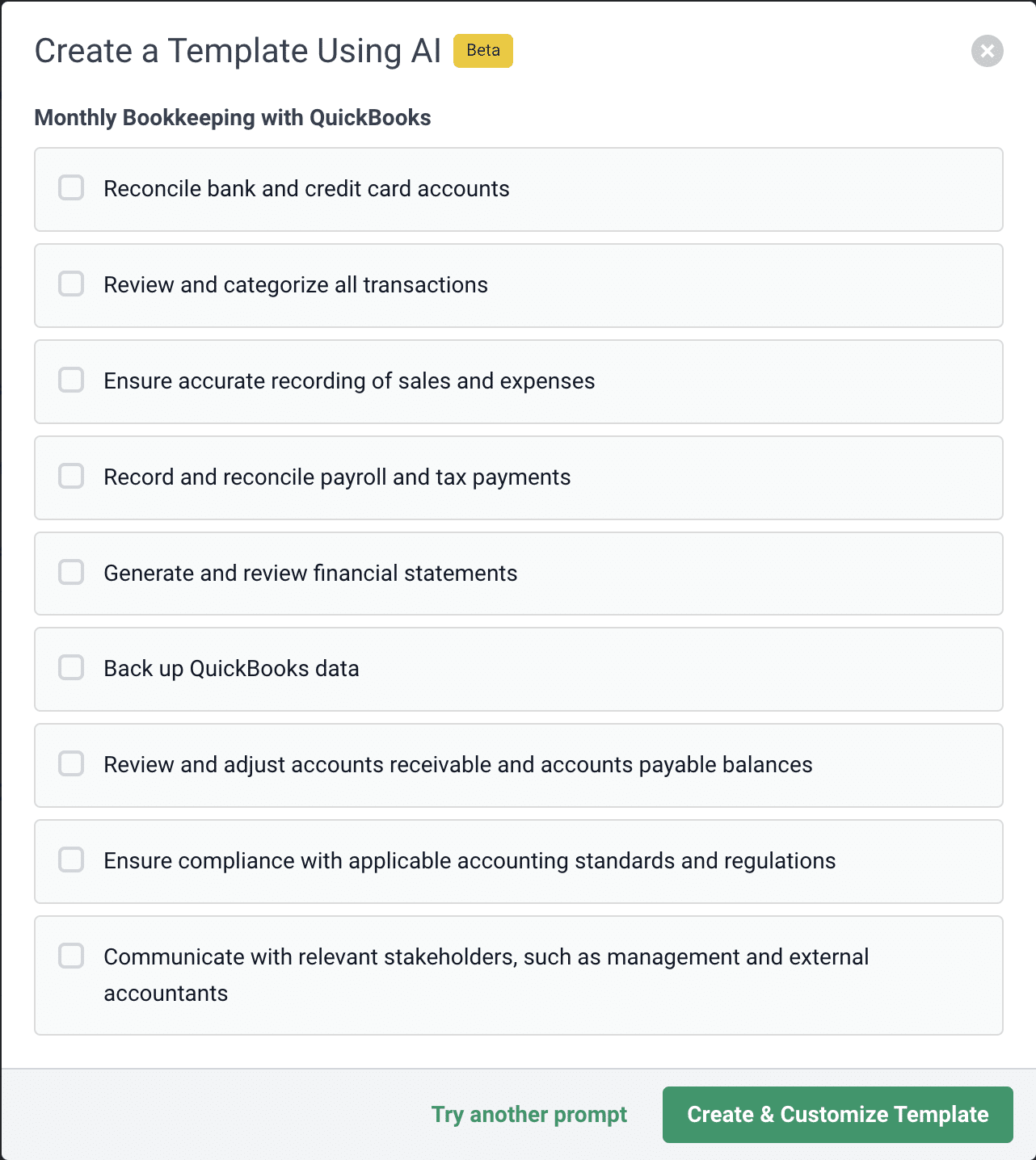 a screenshot of Monthly Bookkeeping with QuickBooks created using Financial Cents ChatGPT Ai feature