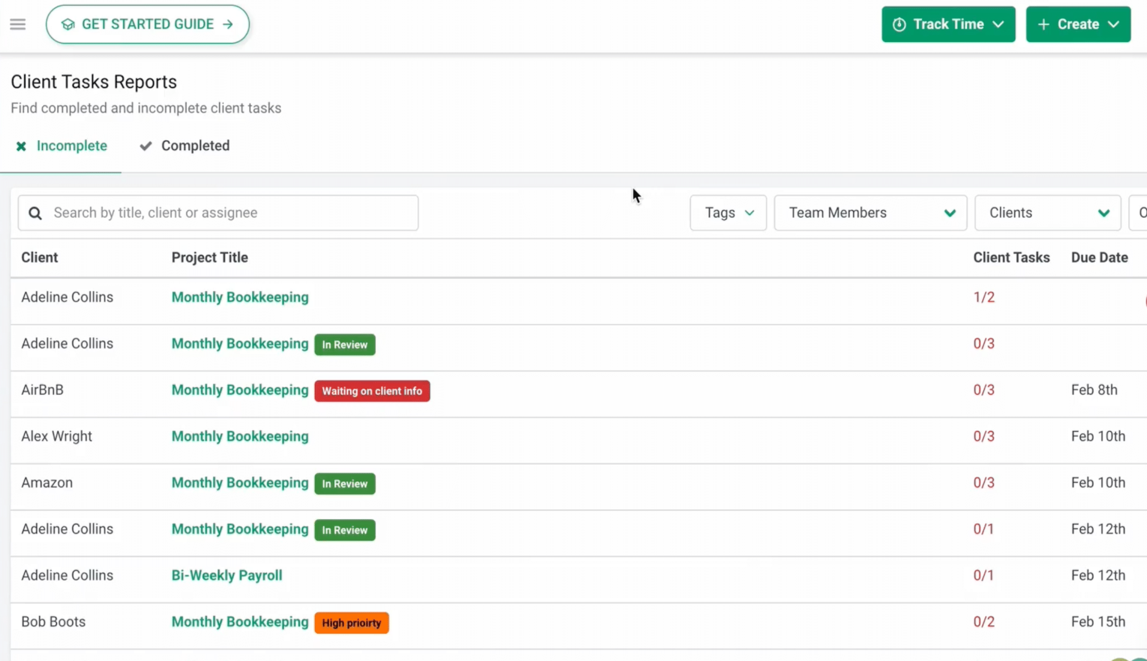 dashboard to track progress of client tasks