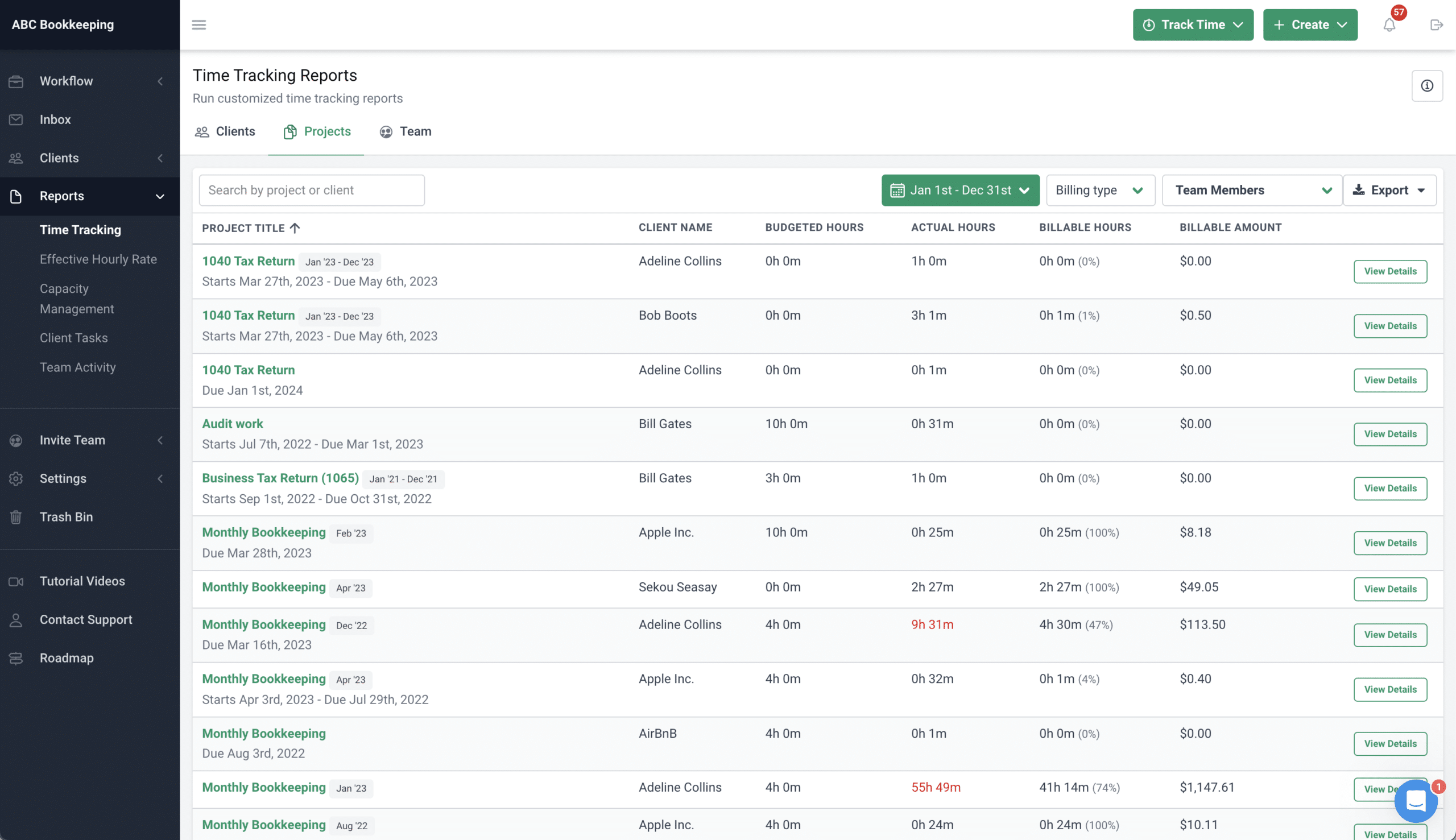 time tracking report on financial cents accounting project management software