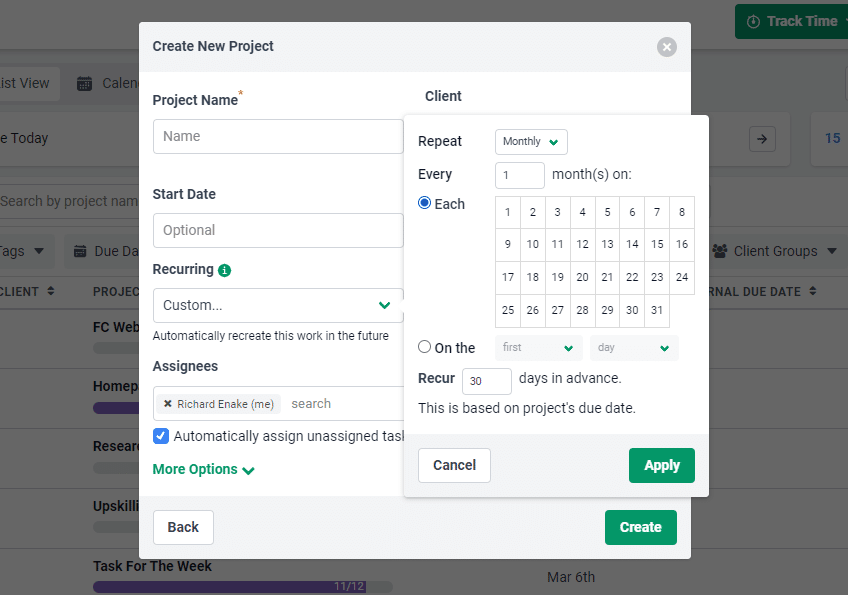 setting custom date while creating a project in financial cents project management app