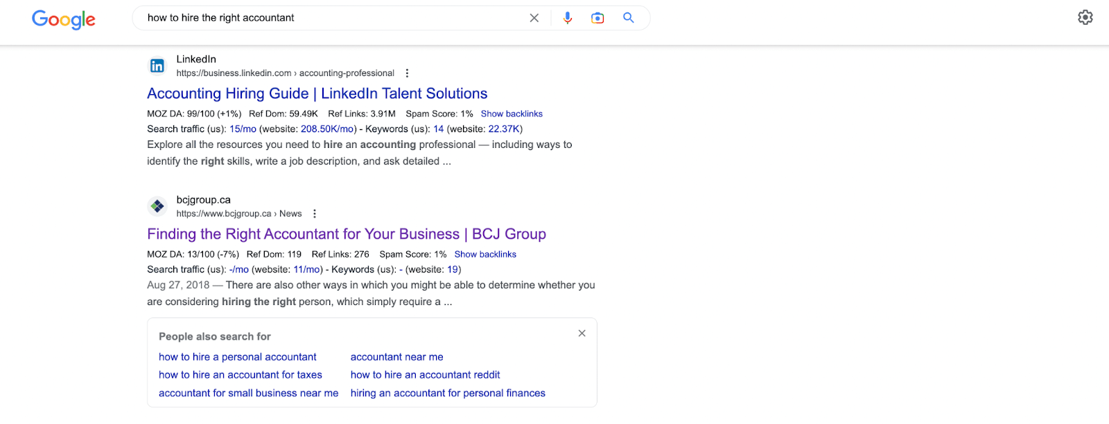 marketing for accountants: screenshot of a google SERP