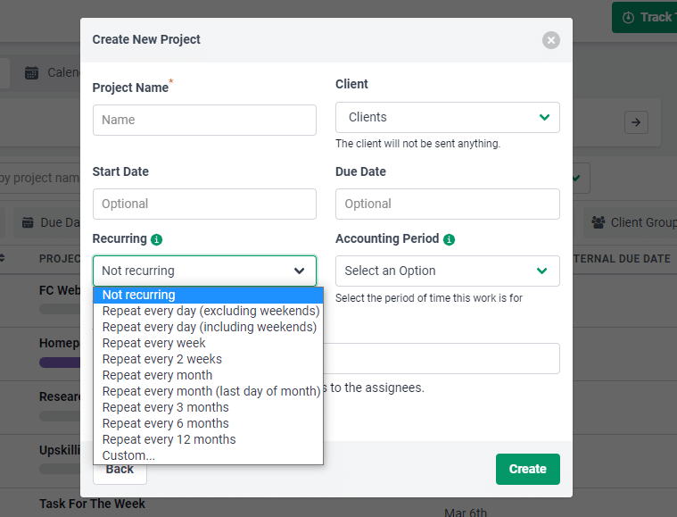 creating a new project on financial cents accounting project management tool