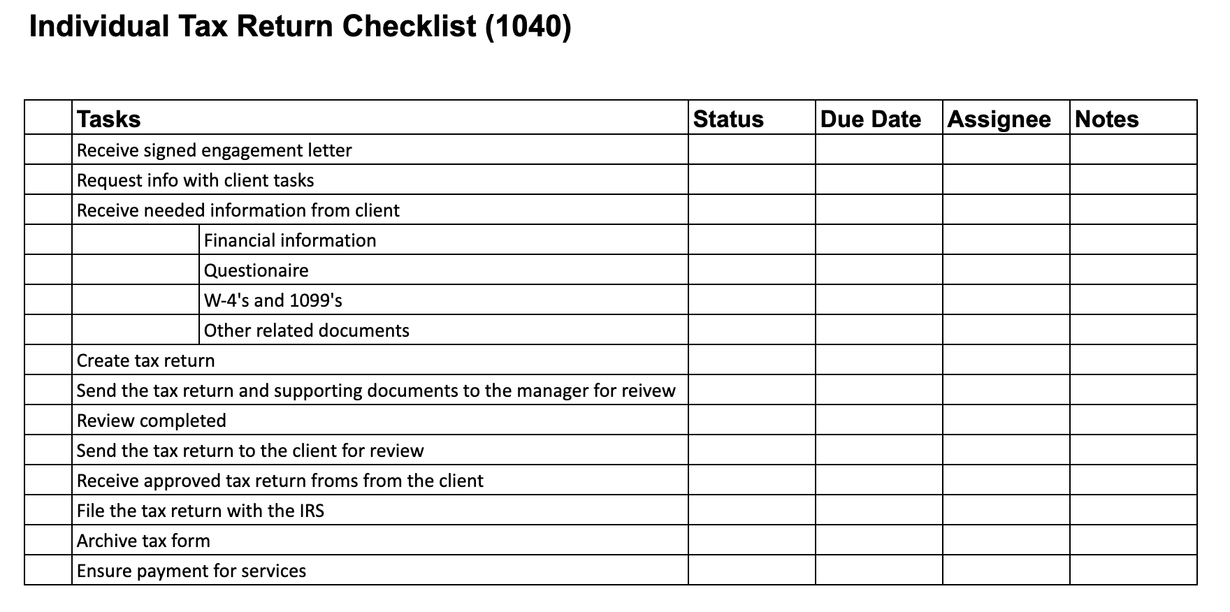 1040 Tax Return Checklist Template