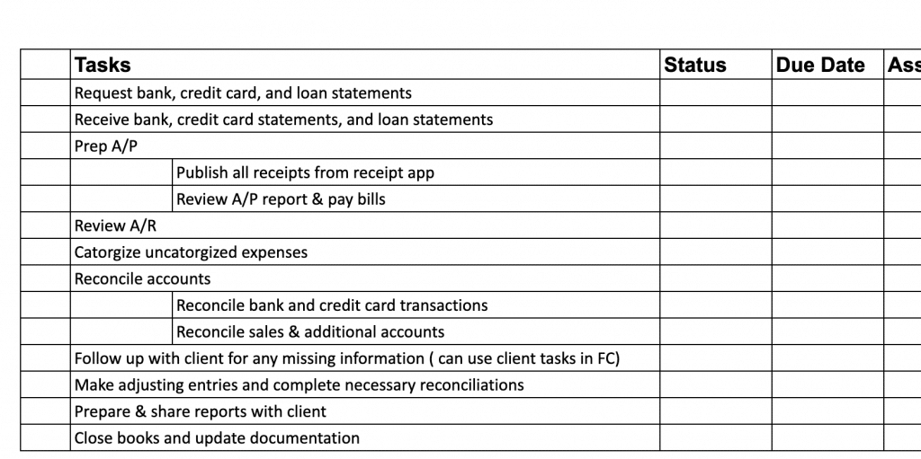 Monthly Bookkeeping Checklist Template