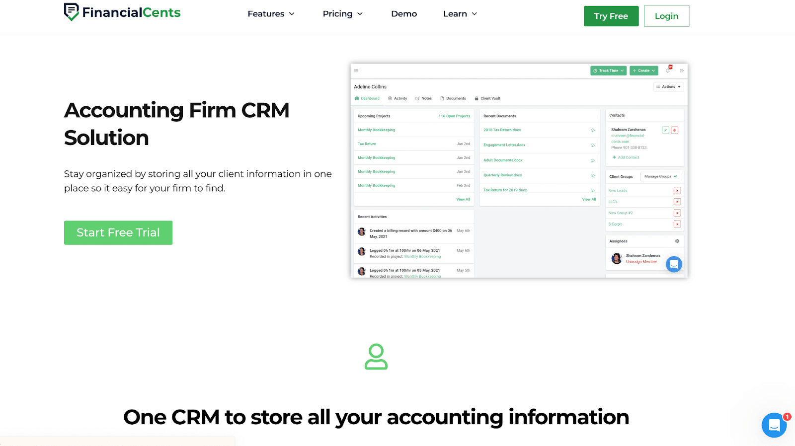 Financial Cents accounting CRM software Dashboard