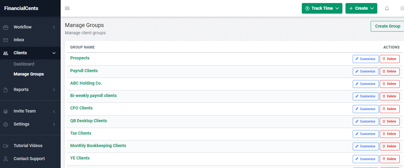 financial cents client groups dashboard