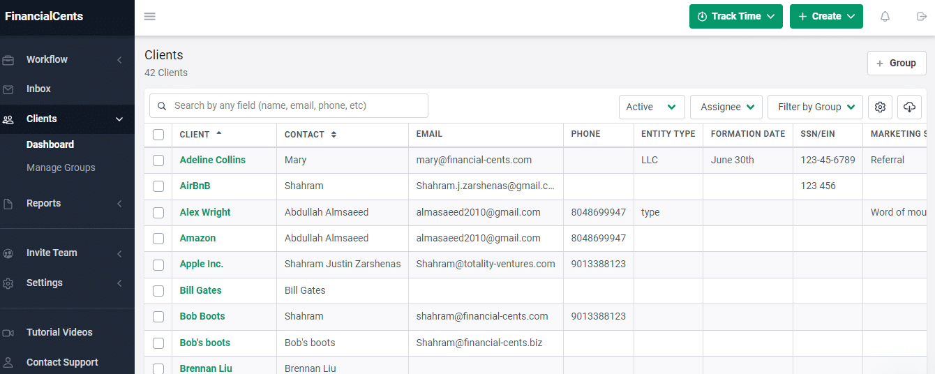 financial cents client information dashboard