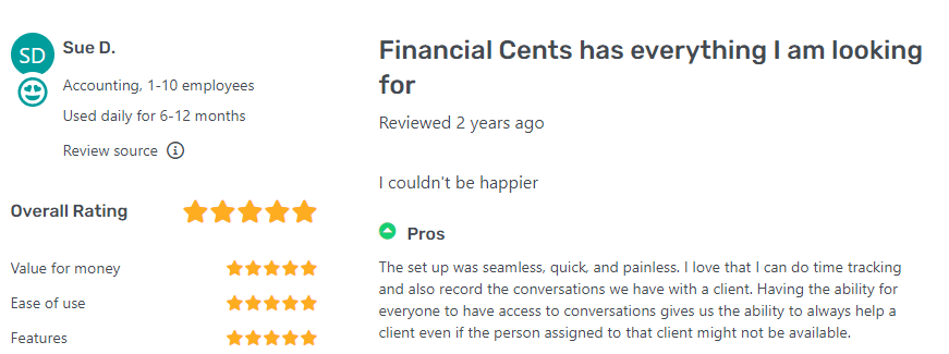 financial cents customer's testimonial for accounting crm