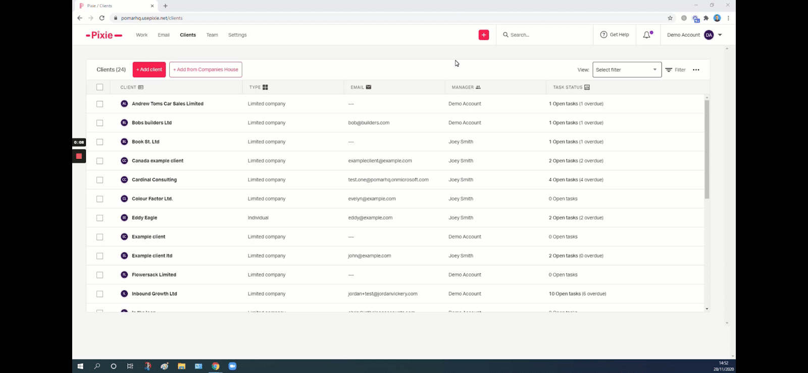 pixie client information dashboard