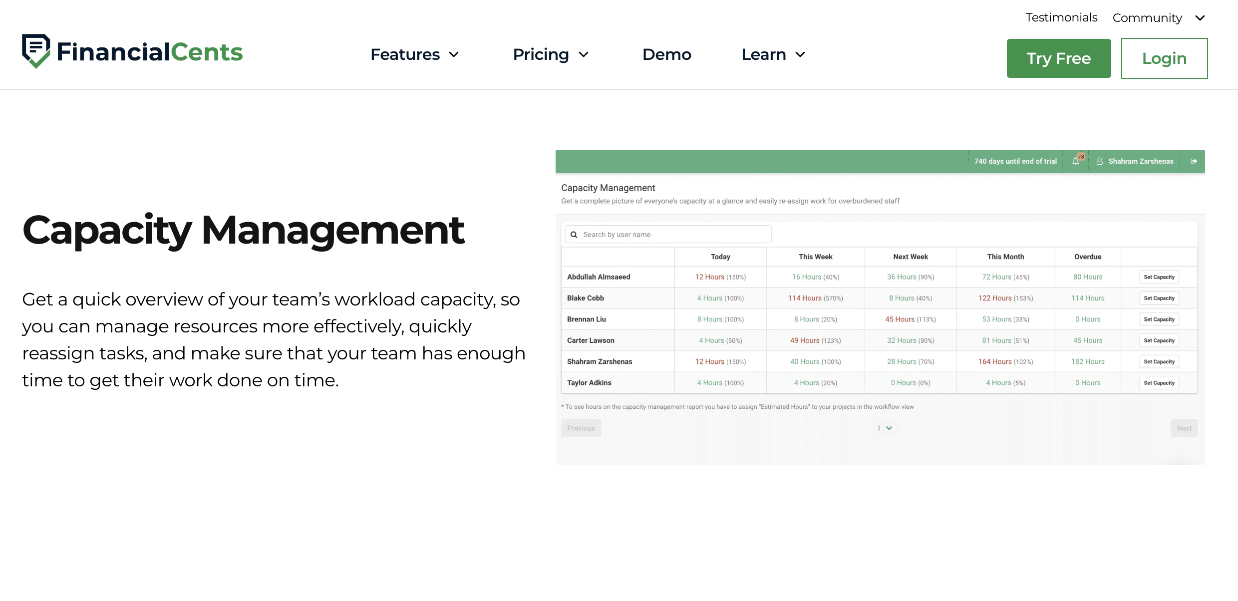 A Screenshot Of Financial Cents Capacity Management Page