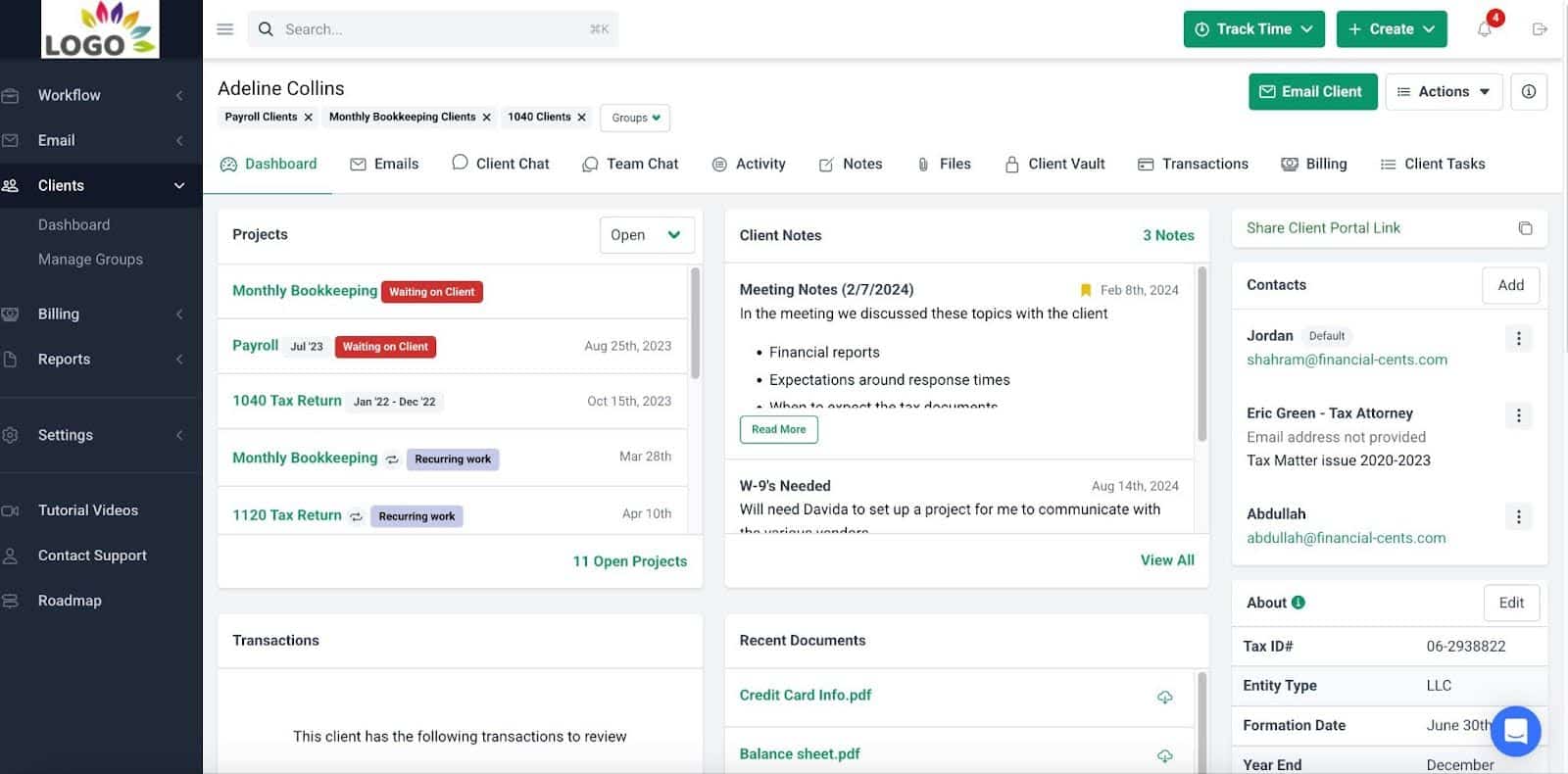 accounting crm dashboard for client management