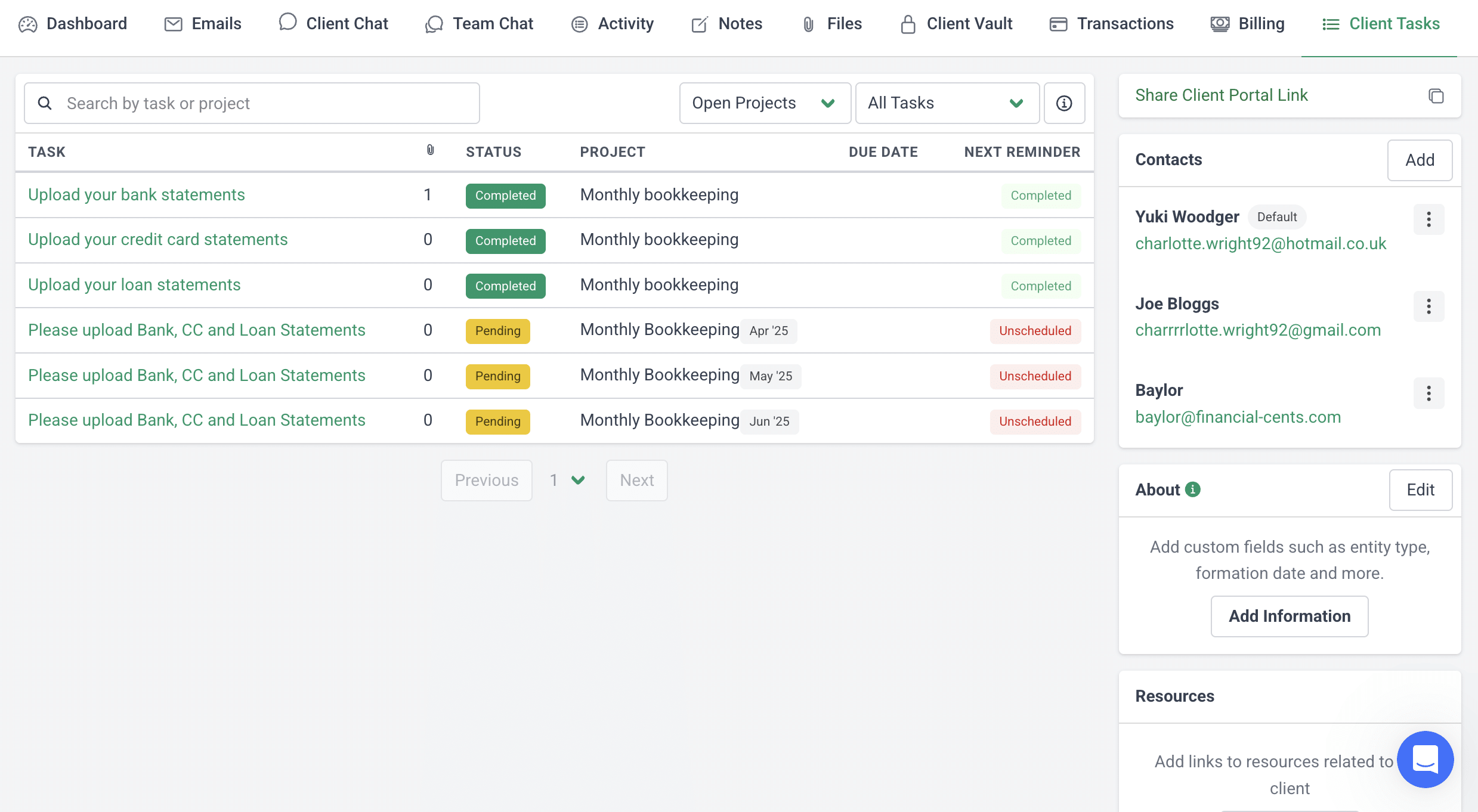 accounting crm dashboard with client information