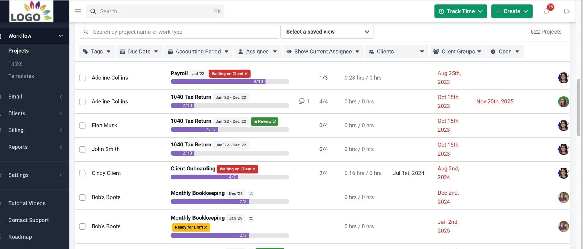 Financial Cents workflow dashboard showing monthly bookkeeping, tax returns, and client onboarding projects with progress, due dates, and assignees.