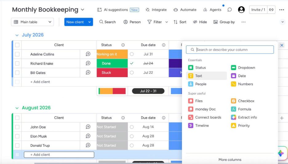 Monday.com monthly bookkeeping board showing the Add Column menu with options like Status, Text, Date, People, Priority, Files, and Formula.