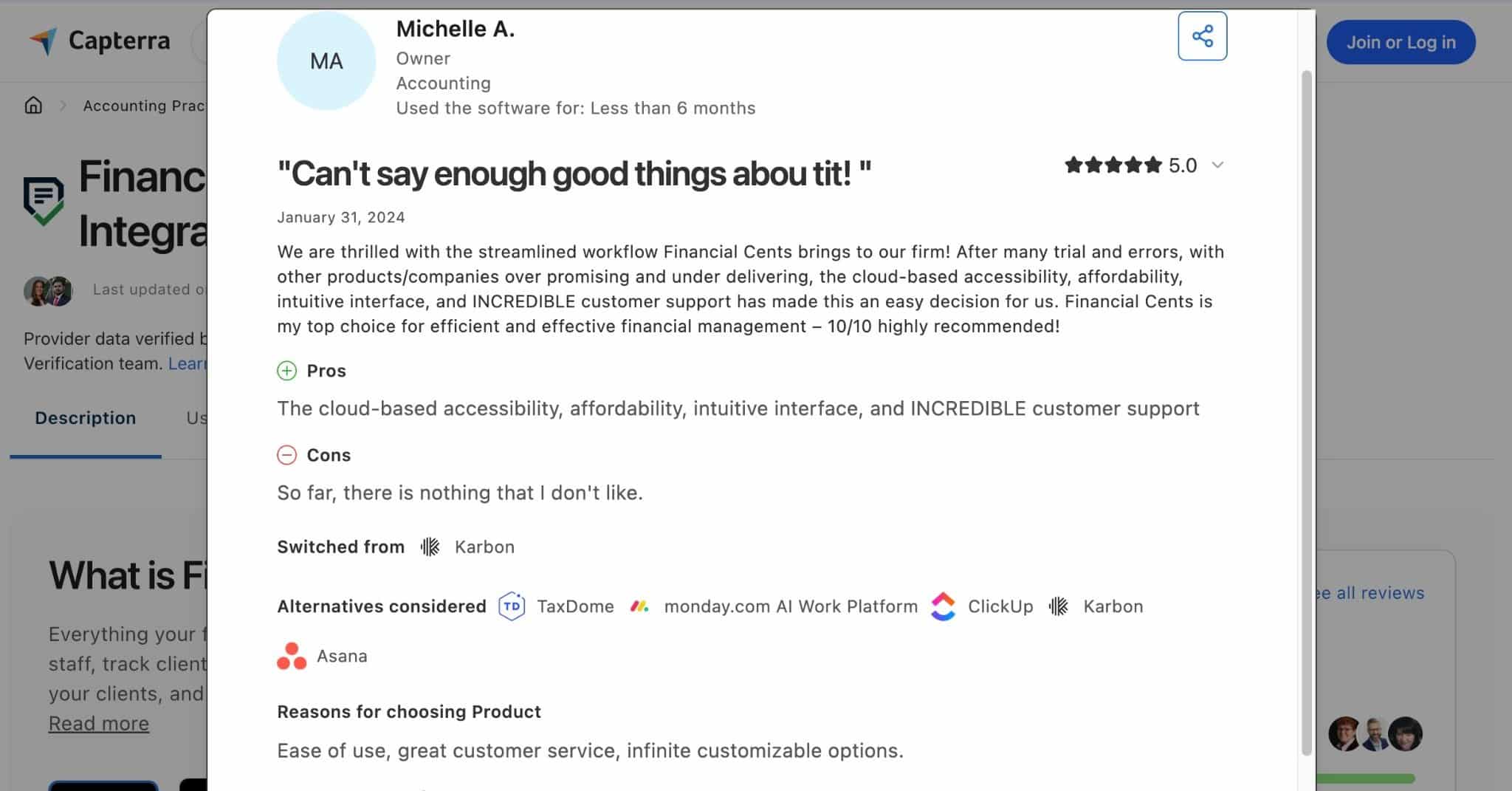 Capterra review praising Financial Cents with a 5 star rating, comparing it with Monday.com, Karbon, ClickUp, TaxDome, and Asana.