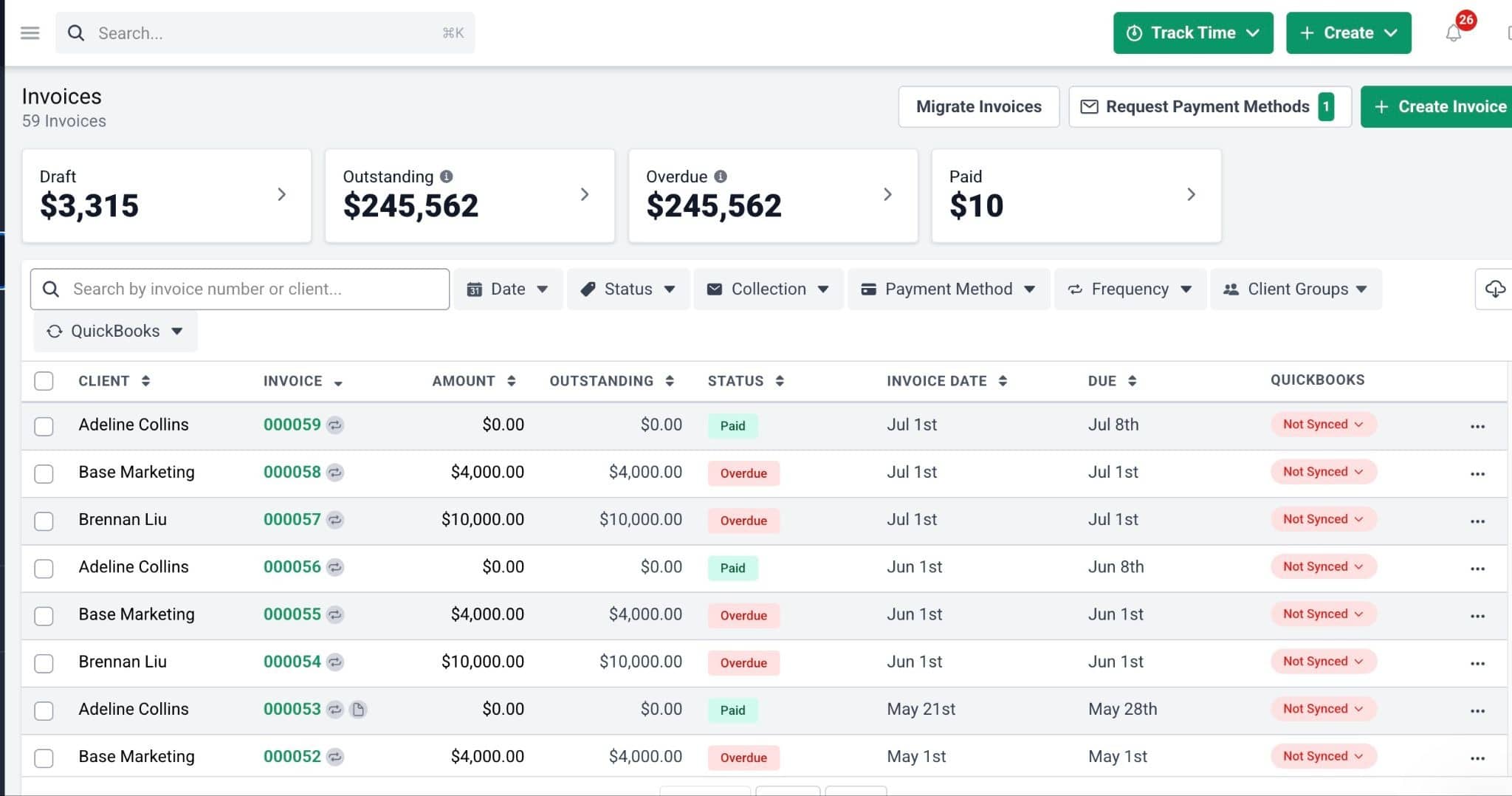 Financial Cents invoice dashboard showing draft, outstanding, overdue, and paid invoices with payment status, due dates, and QuickBooks sync.