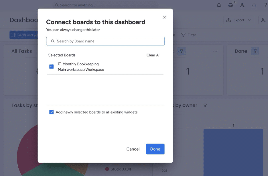 Monday.com dashboard dialog showing a Monthly Bookkeeping board being connected to dashboard widgets for reporting and task tracking.