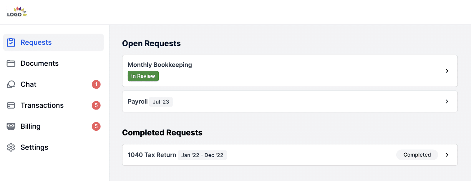 Financial Cents client portal showing open and completed bookkeeping requests, documents, chat, transactions, billing, and settings.