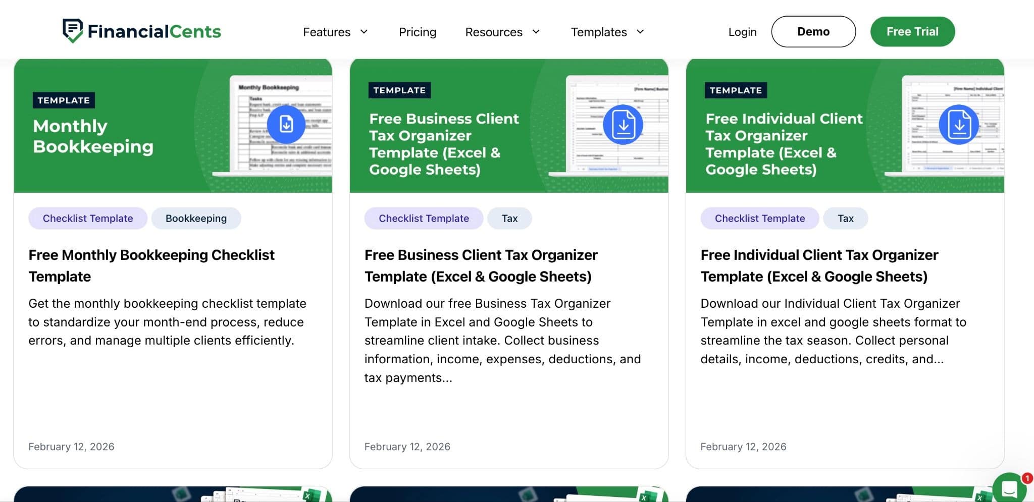 Financial Cents templates library featuring free bookkeeping and tax organizer templates for Excel and Google Sheets.