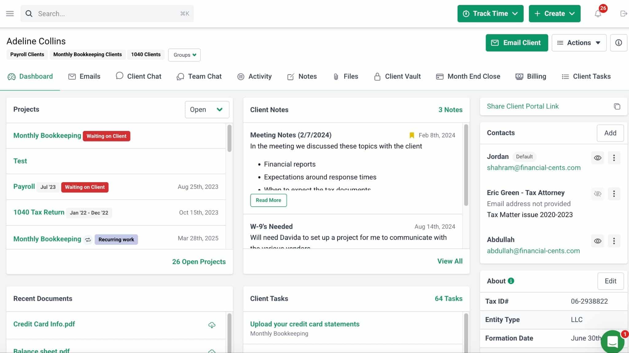 Financial Cents client dashboard showing bookkeeping projects, client notes, contacts, recent documents, client tasks, and portal access.