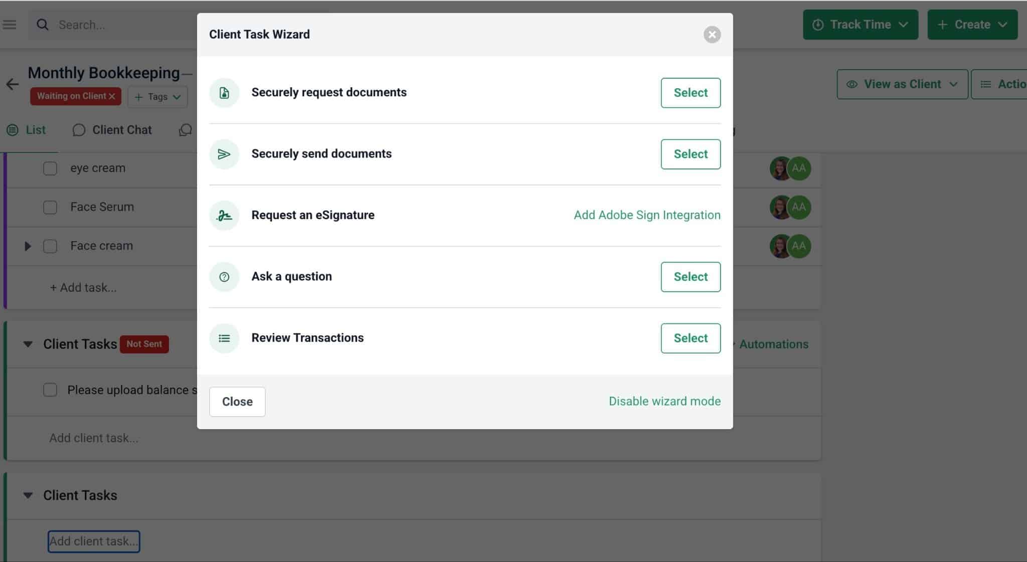 Financial Cents Client Task Wizard with options to request documents, send files, collect eSignatures, ask questions, and review transactions.